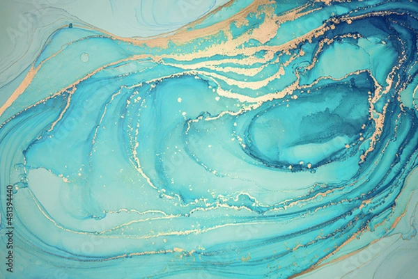 Fototapeta Abstract fluid art painting background in alcohol ink technique, mixture of  turquoise and blue paints. Transparent overlayers of ink create glowing golden veins and gradients.