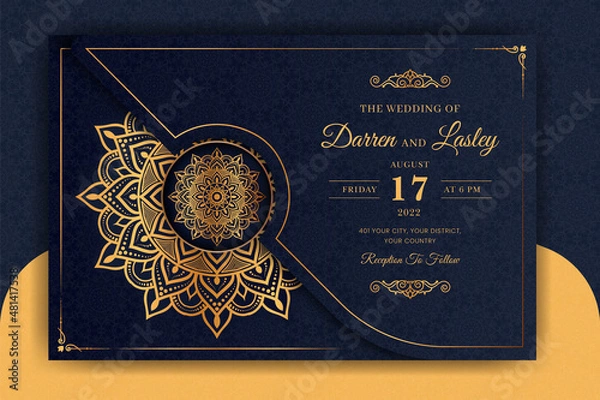 Obraz Luxury Mandala Wedding Invitation Card template with golden arabesque pattern Arabic Islamic east background style. Editable vector file. Decorative mandala for print, poster, cover, flyer, banner. 