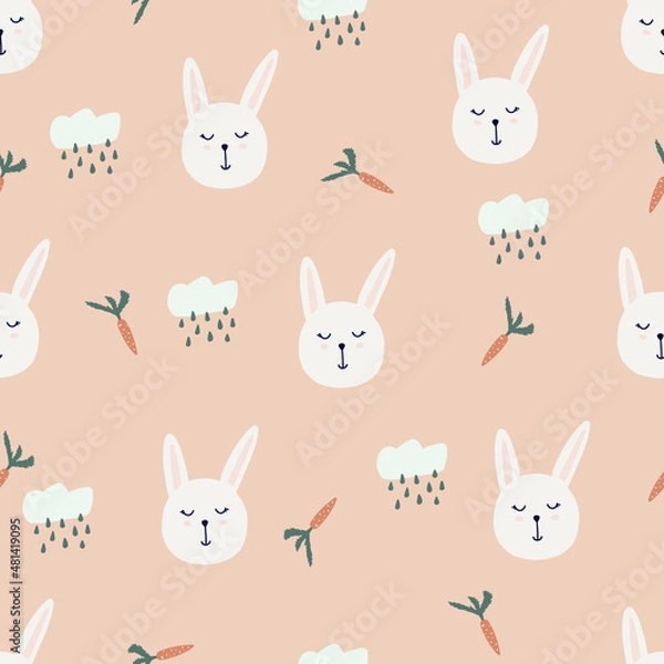 Fototapeta Cute bunny with couds and carrot pattern, rabbit face, white bunny face