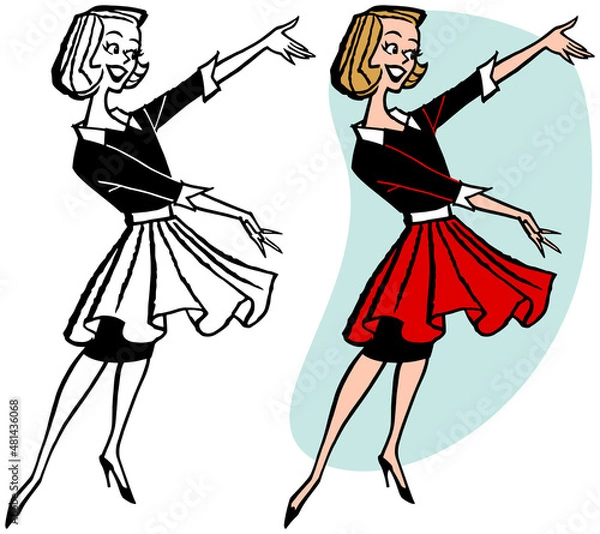 Obraz A vintage retro cartoon of a woman in an apron presenting something to the right. 