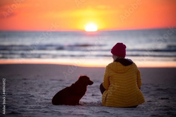 Obraz Dziewczyna i pies siedzą na plaży 