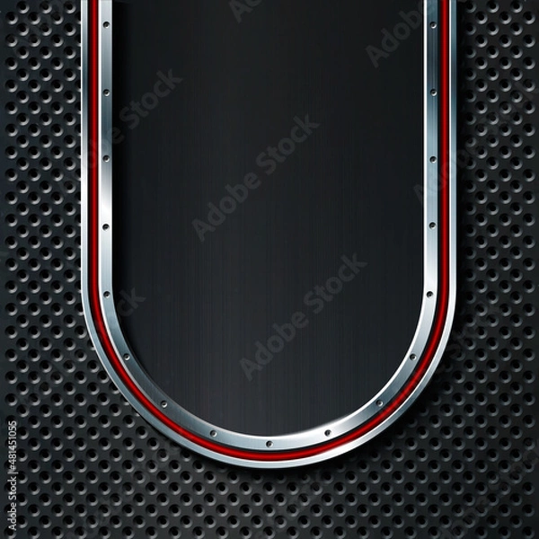 Fototapeta Dark metal perforated background with place for text. For industrial and technology design.