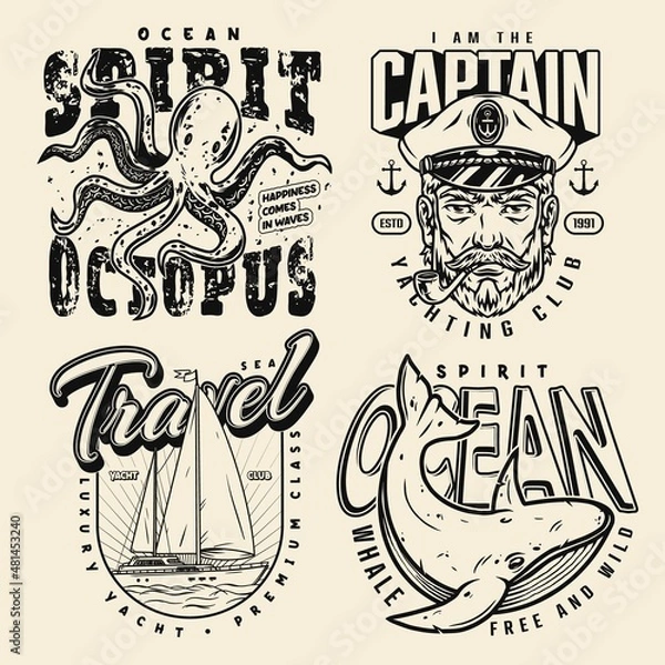 Fototapeta Vintage nautical monochrome labels with whale and octopus, ship  and sailor head with smoking pipe isolated vector