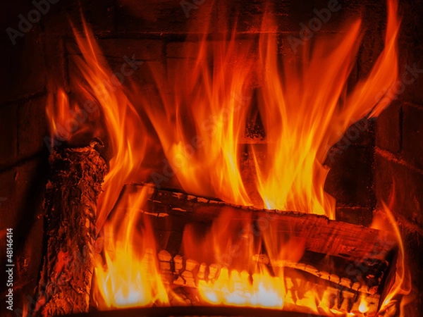 Fototapeta fireplace with wood and fire
