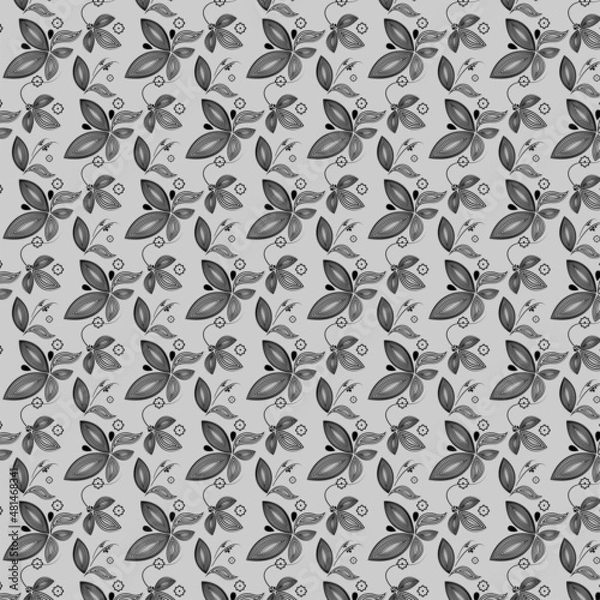Fototapeta Vector image with a pattern of black curls and flowers on a gray silver background