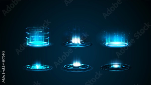 Obraz Set of blue digital hologram portals in cylindrical shape with shiny swirl rings on dark background for your arts