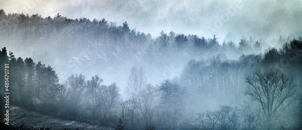 Fototapeta Landscape of frosty layers of hills covered in fog.