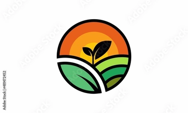Obraz Farm logo with field sun and leaf  Vector Image