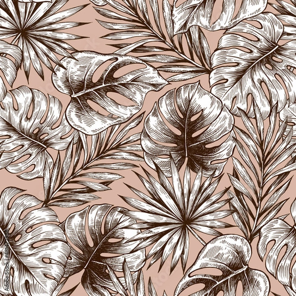 Fototapeta Illustration of graphic flowers and leaves. Seamless pattern for wallpaper and fabric design.