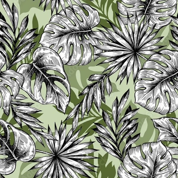 Fototapeta Abstract drawn graphic seamless pattern of leaves.