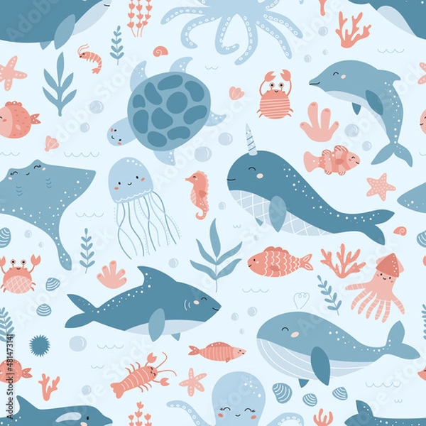 Fototapeta Seamless pattern with sea and ocean animals, corals, seaweeds and shells. Flat design style cartoon characters. Hand drawn turtle, dolphin, whale, narwhal, crab, squid, shark and stingray.