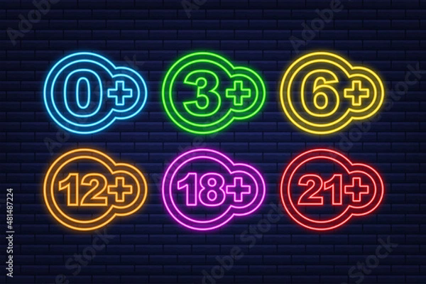 Fototapeta Censored 0, 3, 6, 12, 18, 21 plus sign limit concept. Age restrictions, censorship. Neon style. Vector stock illustration.