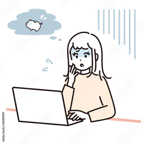 Fototapeta パソコンでお金の管理をする女性が金欠に悩んでいるイラスト素材
