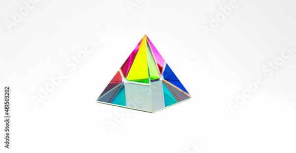 Fototapeta Refraction of light in a color dividing glass prism. Focus is front edge. Shallow depth of field. isolated on neutral white with natural shadows.