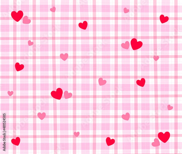 Fototapeta Pink Red Heart Love Valentine's Day Gingham Pattern Rectangle Background Editable Stroke. Vector Illustration Tablecloth, Picnic mat wrap paper.	