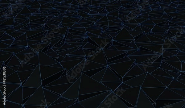 Fototapeta Black polygonal abstract background with blue neon outline. 3D render low poly illustration.