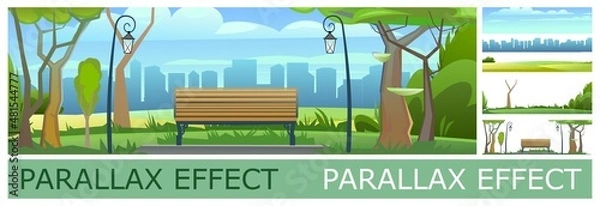 Fototapeta Bench in city park against background of city on horizon. Solid layers for parallax folding. Vector
