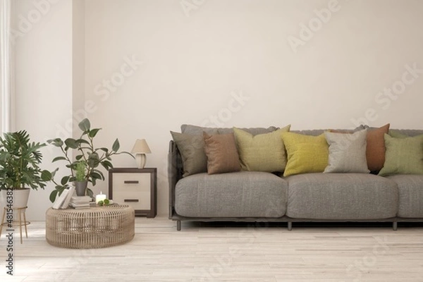 Fototapeta Stylish room in white color with sofa. Scandinavian interior design. 3D illustration