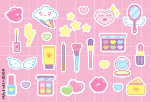 Obraz cute girly cosmetics and kawaii stuff graphic element sticker illustration vector on sweet pastel pink grid pattern background