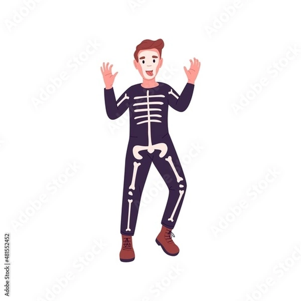 Fototapeta Disguised child in Halloween skeleton costume. Boy in holiday carnival zombie clothes portrait. Funny and creepy kid dressed for horror party. Flat vector illustration isolated on white background
