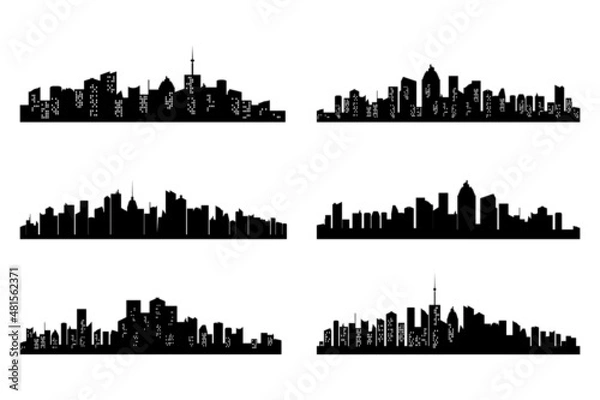 Fototapeta Black cities silhouette collection. Horizontal skyline set in flat style isolated on white. Vector cityscape with windows, urban panorama of night town