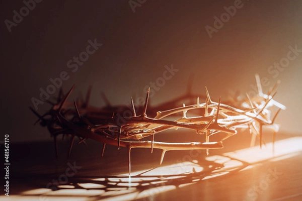 Fototapeta the crown of thorns of Jesus on the table in the dark room against  window light with copy space, can be used for Christian background, Easter concept