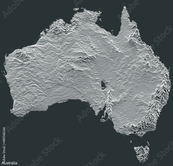 Fototapeta Topographic negative relief map of AUSTRALIA with white contour lines on dark gray background