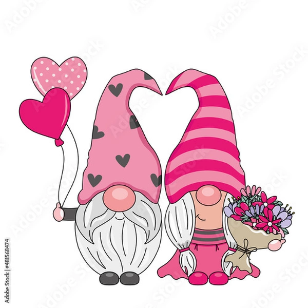 Fototapeta Valentine card. Gnome couple in love. Isolated vector	