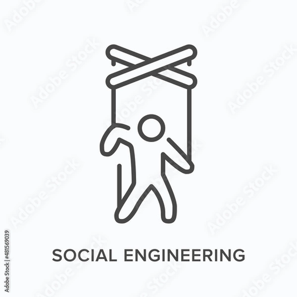 Obraz Social engineering flat line icon. Vector outline illustration of puppet and threads. Black thin linear pictogram for customer manipulation