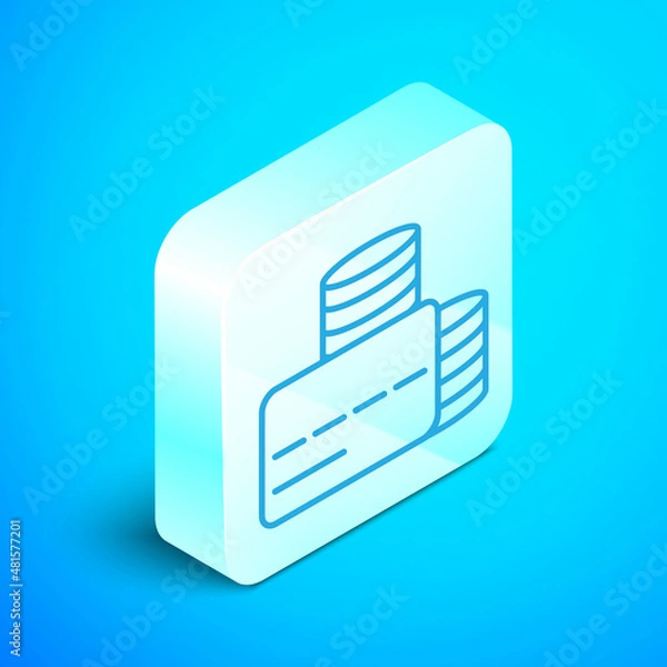 Fototapeta Isometric line Credit card icon isolated on blue background. Online payment. Cash withdrawal. Financial operations. Shopping sign. Silver square button. Vector