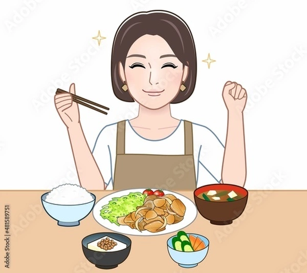 Fototapeta 食べ物を食べている主婦のイラスト