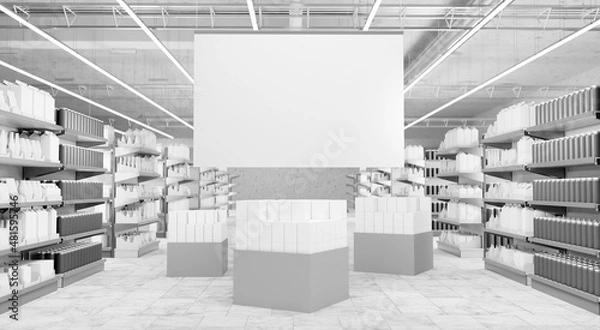 Fototapeta Blank product box with white hangers, Shelves in supermarket, Banner hangging in store,  3D rendering