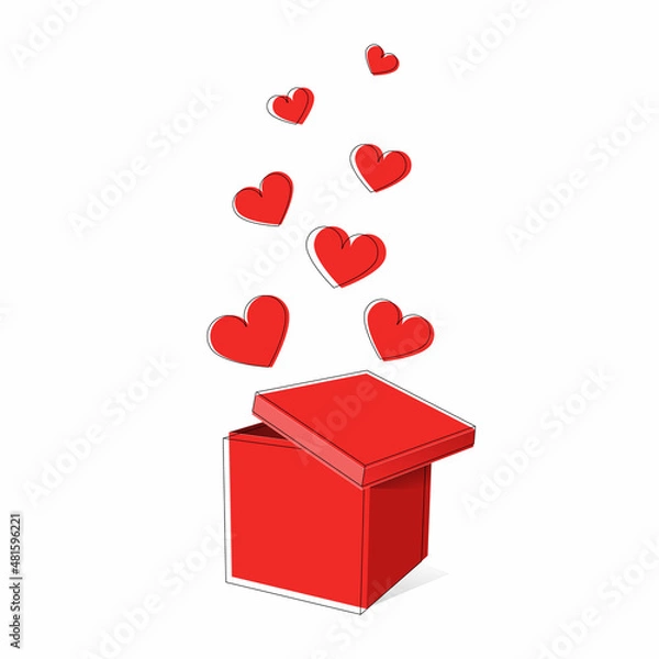 Fototapeta Red box with hearts for Valentine's day. Gift box illustration isolated on white background