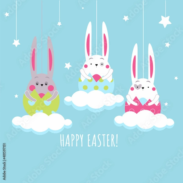 Fototapeta Merry Easter greeting card. Easter funny bunnies illustration on blue background
