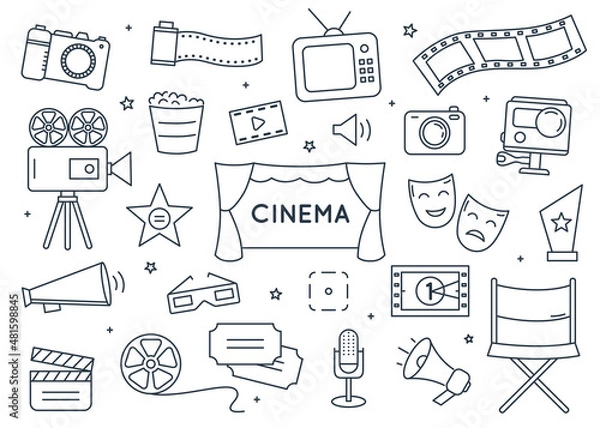 Fototapeta Cinema elements doodle set isolated.