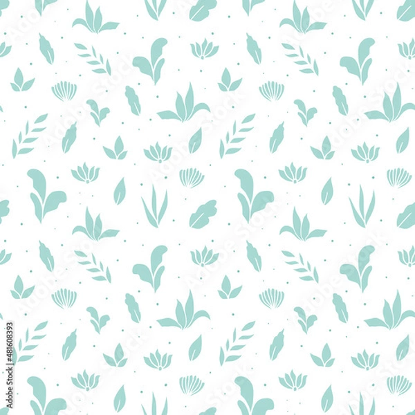 Fototapeta Seamless pattern with natural elements: leaves, twigs, flowers. Minimalistic monochrome background. Vector illustration.
