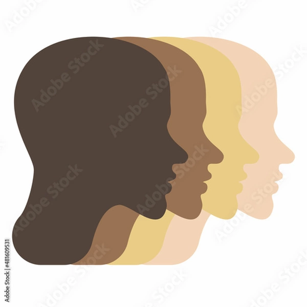 Obraz Four abstract heads with various skin colors on white background. Vector flat style illustration. Human heads no faces