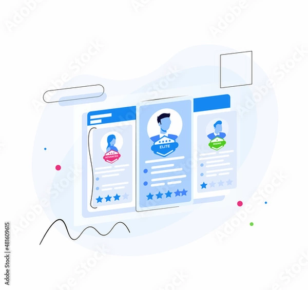 Obraz Social presentation for employment. Infographic for recruiting. Web recruit resources, choice, research or fill form for selection. Application for employee hiring. flat isometric vector illustration.
