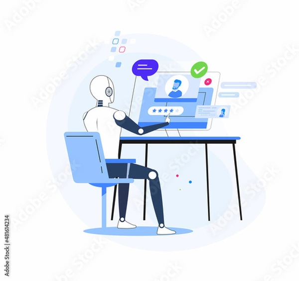 Obraz HR AI as human resources robots scanning CV for hiring tiny person concept. Modern technologies searching for labor, and vacancy candidates vector illustration. Automation analyzing work data bases.