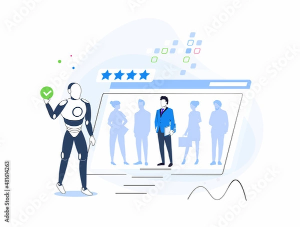 Obraz HR AI as human resources robots scanning CV for hiring tiny person concept. Modern technologies searching for labor, and vacancy candidates vector illustration. Automation analyzing work data bases.