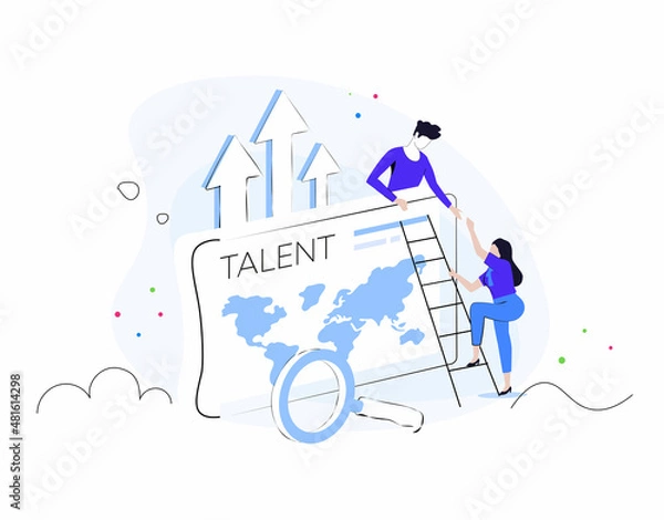 Obraz Composition with group of managers, employees or office workers climbing up together and supporting each other. Concept of team building, teamwork, collective work. Flat colorful vector illustration.