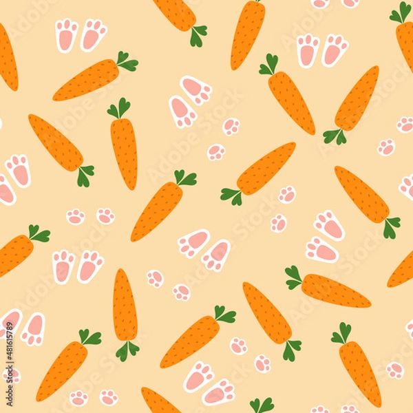 Fototapeta Seamless pattern with carrots and bunny footprints. Background for print, wallpaper, packaging paper design, textile, Easter and baby design.
