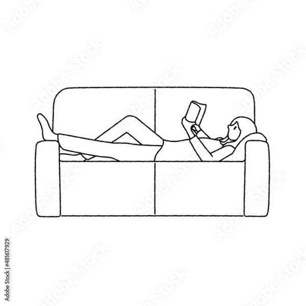 Obraz ソファで読書する女性　リラックス　イラスト