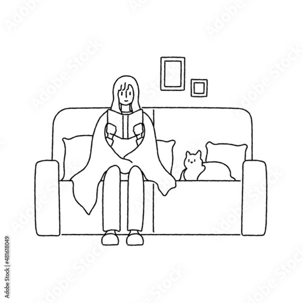 Fototapeta ソファに座って本を読んでいる女性　イラスト　猫　ペット
