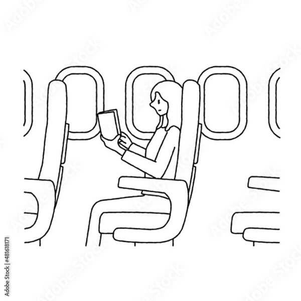 Fototapeta 飛行機　電車　新幹線で本を読む女性　イラスト　読書　旅行	