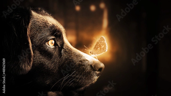 Fototapeta dog watching a butterfly in a atmospheric scene