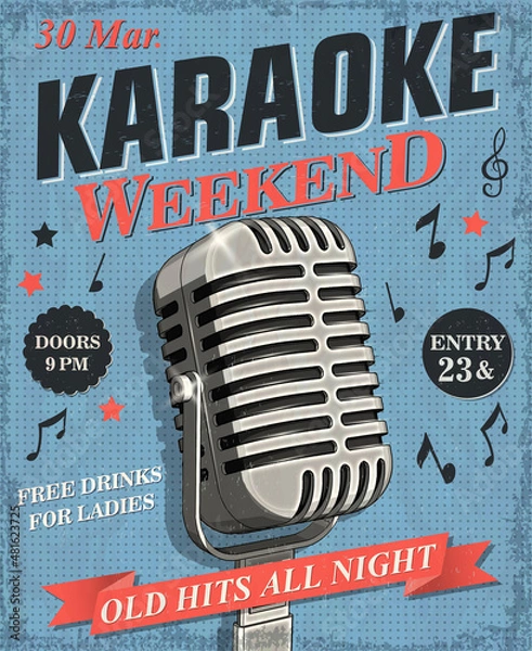 Obraz Karaoke vintage poster with microphone on the grunge background. 
