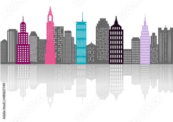 Fototapeta City Skyline Panorama Color  with skyscrapers Isolated on White Background Illustration