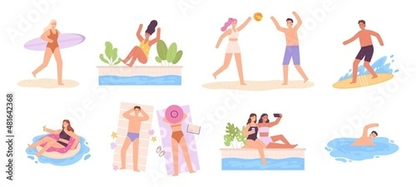 Fototapeta People at summer vacation, swimming, surfing and sunbathing at sea beach. Man and woman characters in swimsuits play volleyball vector set
