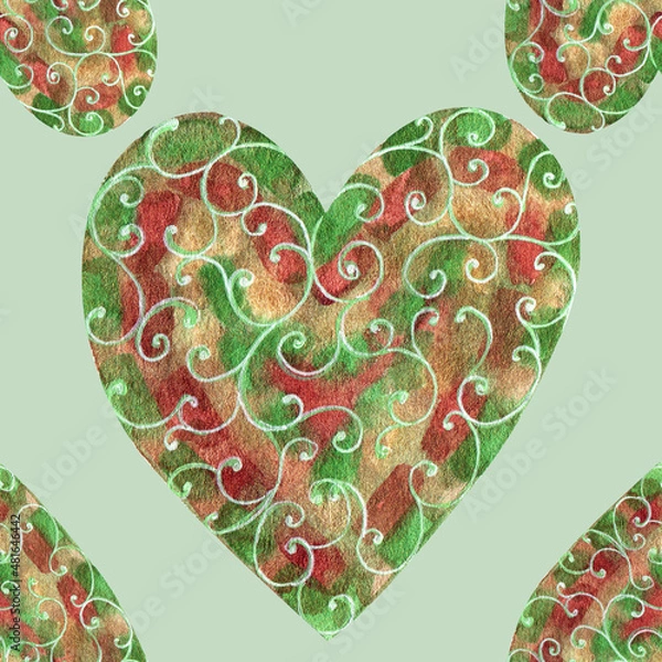 Fototapeta Seamless pattern in the form of Hearts from a metallized watercolor. Ornate pattern in the form of thin lines. openwork pattern